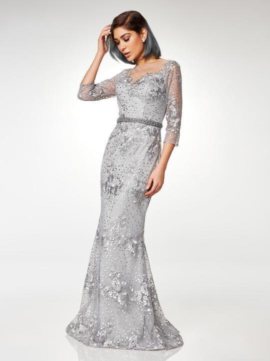 Clarisse - M6502 Quarter Sleeve Lace Appliqued Mesh Trumpet Gown in Gray