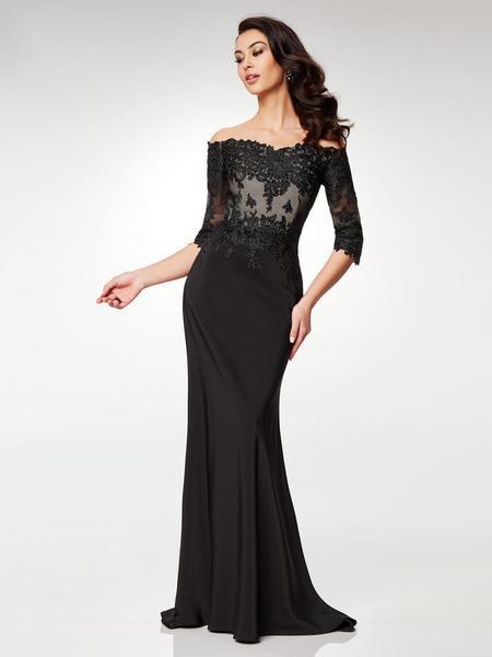 Clarisse - Lace Off-Shoulder Stretch Satin Trumpet Dress M6504 In Black