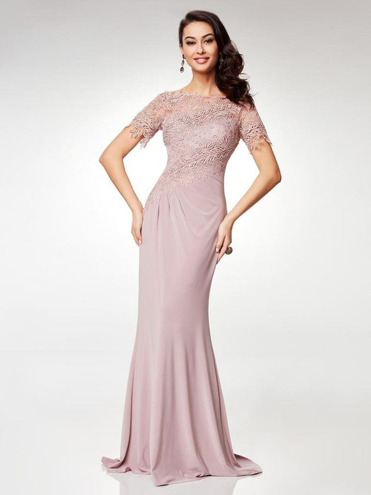 Clarisse - M6517 Lace Illusion Bateau Chiffon Trumpet Dress In Brown