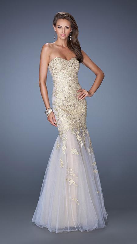 La Femme - Lace Applique Strapless Mermaid Evening Dress 19363 In Gold and Neutral