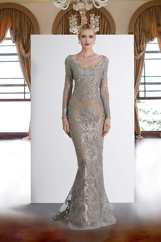 Janique - 1937 Long Sleeve Metallic Scroll Motif Gown in Silver