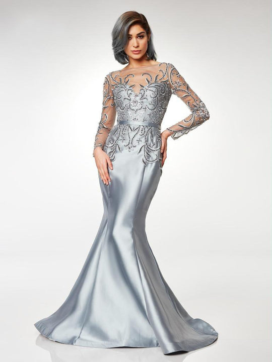 Clarisse - M6523 Embellished Illusion Bateau Mikado Mermaid Gown In Silver