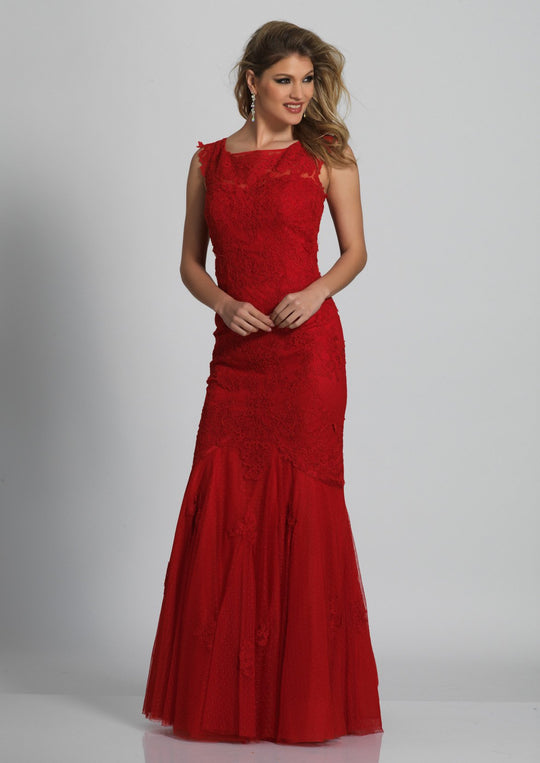 Dave & Johnny - 1937 Lace Applique Tulle Trumpet Gown In Red