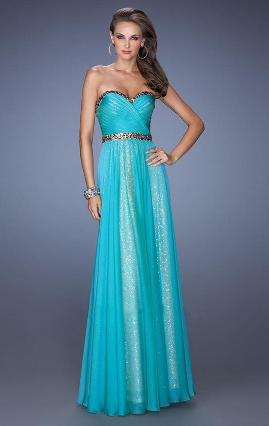 La Femme - 19388 Strapless Glitter Layered Gown In Blue and Green