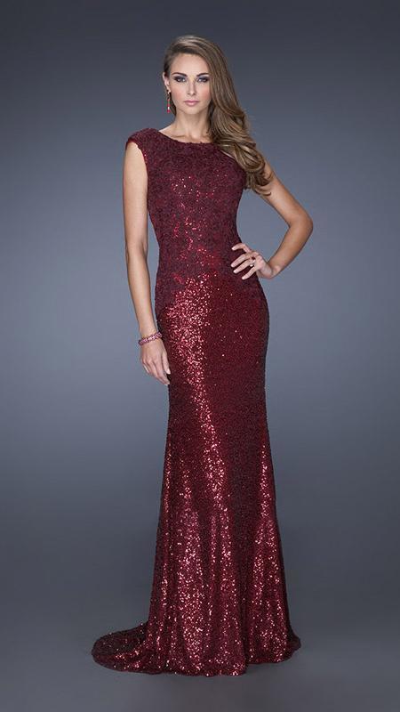 La Femme - 19389 Cap Sleeve Sequin Embellished Evening Dress in Red