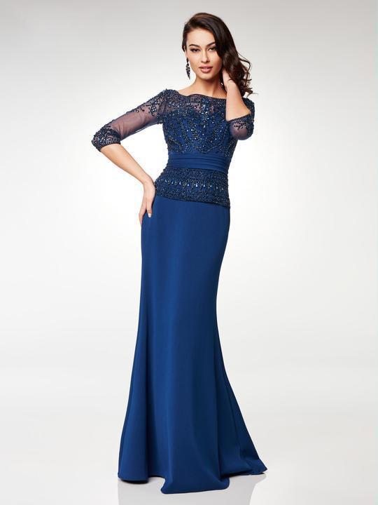 Clarisse - M6525 Beaded Illusion Quarter Sleeve Peplum Long Gown In Blue