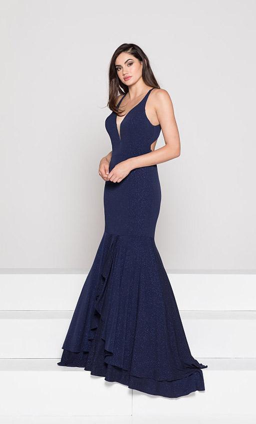 Colors Dress - 1938 Plunging Tiered Cascade Trumpet Gown In Blue