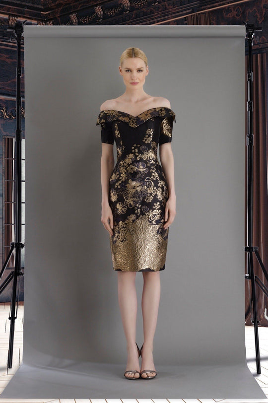 Janique - 1939 Off-Shoulder Metallic Cocktail Dress In Black