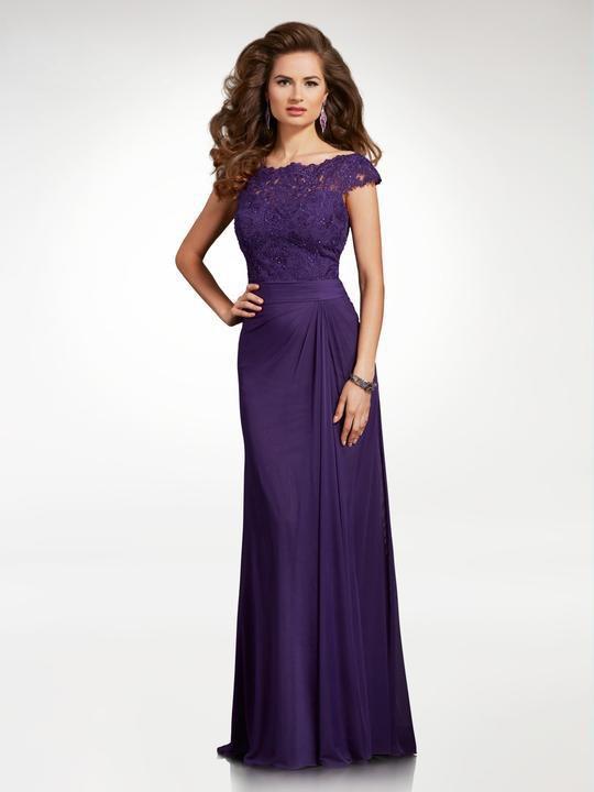 Clarisse - M6531 Lace Scalloped Bateau Chiffon Sheath Dress in Purple