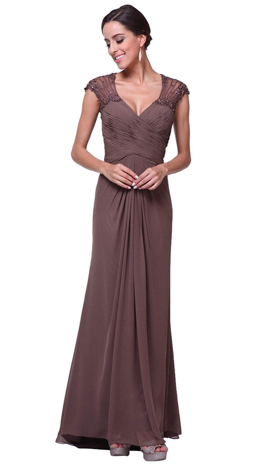 Cinderella Divine - Sheer Embellished V-neck Sheath Dress in Brown