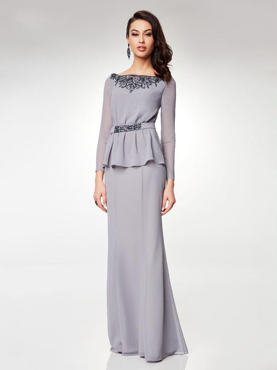 Clarisse - M6538 Beaded Embellished Neckline Long Sleeve Formal Dress in Gray