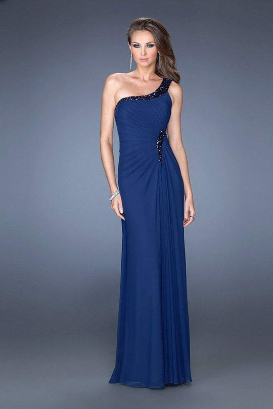 La Femme - 19435 Bejeweled One Shoulder Gown In Blue