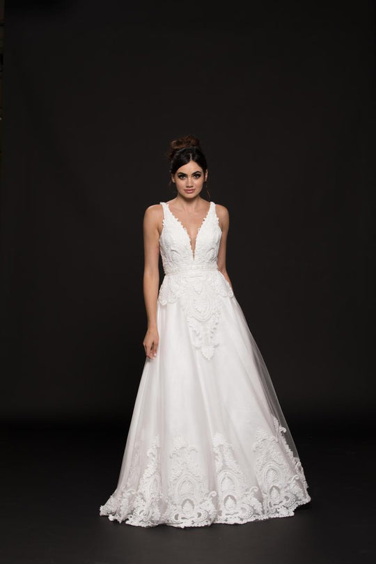 Colors Dress - 1943 Plunging V-Neck Embroidered A-line Mesh Gown in White