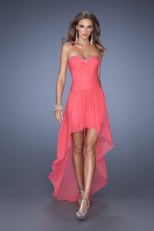 La Femme - 19447 Strapless Sweetheart High Low Gown in Orange and Pink