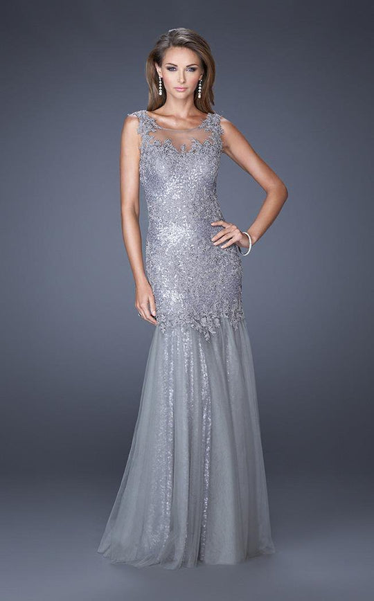 La Femme - 19485  Sequined Fitted Lace Appliques Trumpet Gown In Gray