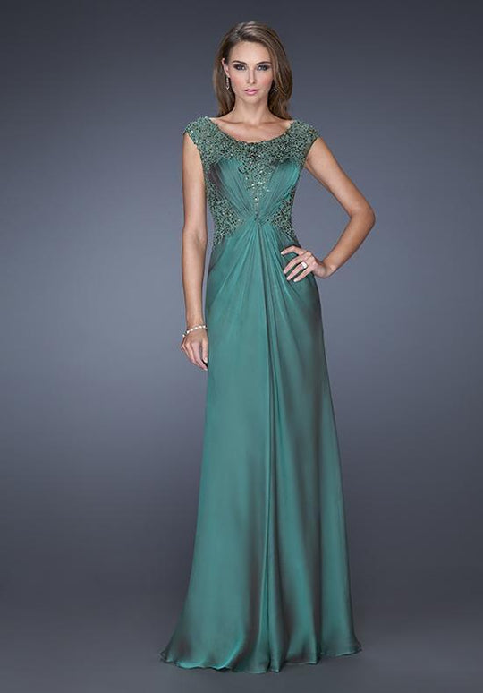 La Femme - 19489 Cap Sleeved Lace and Ruched Evening Dress In Green