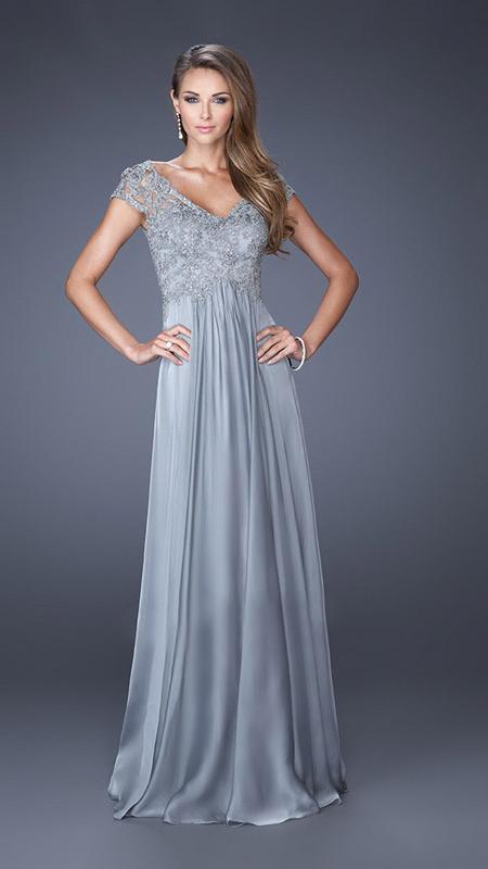 La Femme - Cap Sleeve Laced V-Neck Chiffon A-line Dress 19544 In Gray