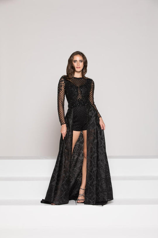 Colors Dress Long Sleeve Mesh Short Dress with Overskirt 1957 in Black