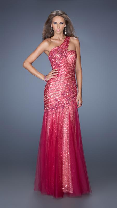 La Femme - Regal Asymmetrical Appliqued Mermaid Gown 19586 In Red