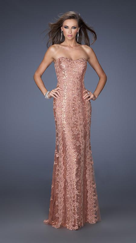 La Femme - Sequin and Lace Overlay Strapless Evening Gown 19612 In Brown