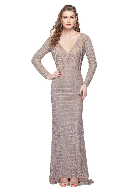 Primavera - 1961 Long Sleeve Sequined Gown in Neutral and Pink