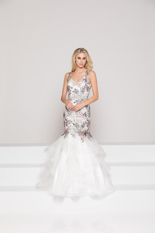 Colors Dress - 1961 Sleeveless Embroidered Mermaid Gown in White and Multi-Color