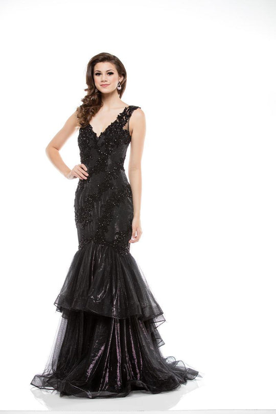 Colors Dress - 1964 V-Neck Lace Applique Tiered Mermaid Gown in Black