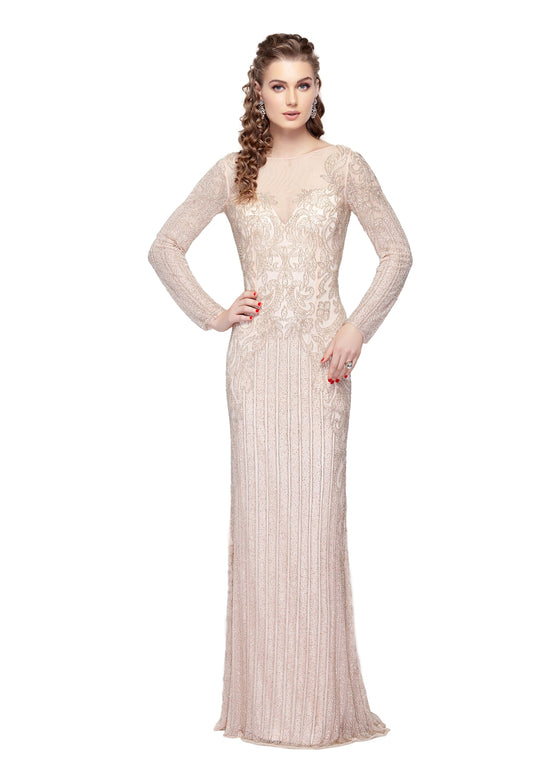 Primavera - 1966 Adorned Illusion Long Sleeve Gown in Neutral and Pink
