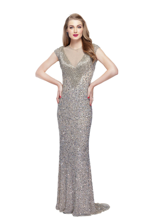 Primavera - 1967 Cap Sleeve Illusion Sequined Gown in Gold and Silver