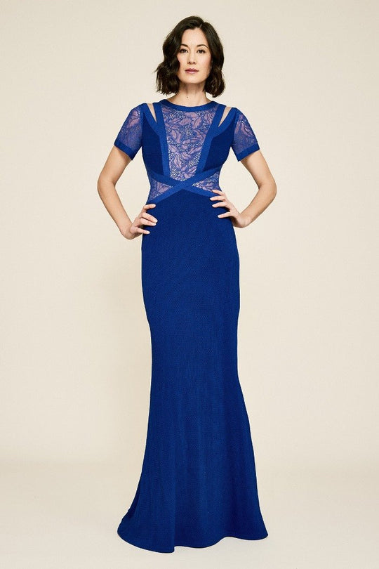 Tadashi Shoji - Crepe Paneled Lace Overlay Long Gown In Blue and Neutral