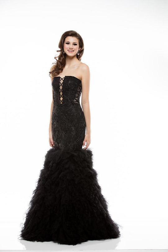 Colors Dress - 1968 Embroidered Strapless Ruffled Mermaid Gown in Black