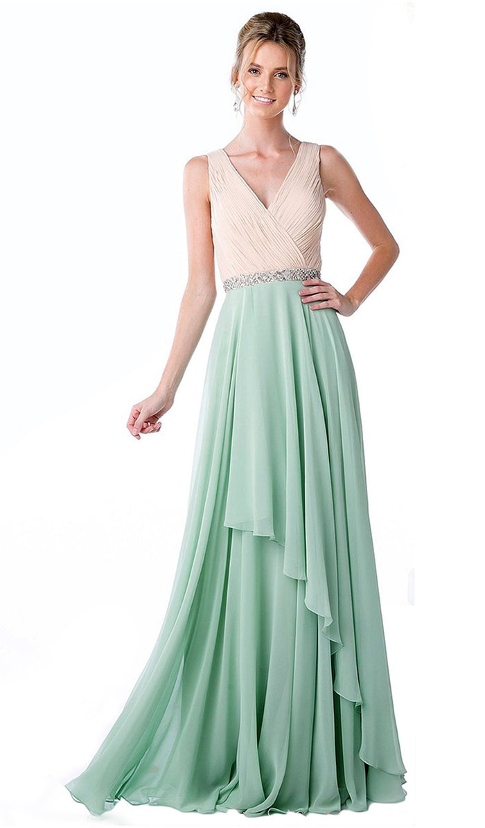 Shirred Surplice Bodice Cascading A-Line Evening Gown