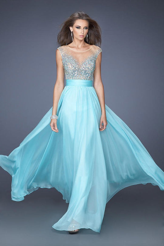 La Femme - 19694 Embellished Illusion Bateau A-line Dress In Blue