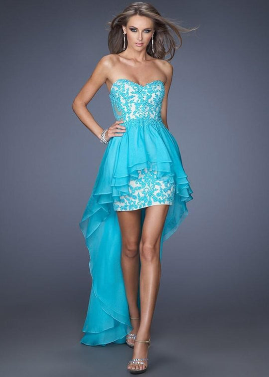 La Femme - 19707 Lace Sweetheart High Low Dress In Blue and Neutral