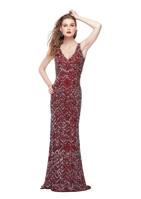 Primavera - 1970 Embellished V-neck Sheath Dress in Red