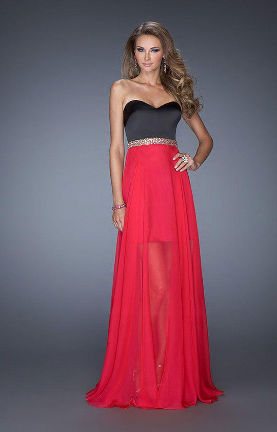La Femme - 19766 Strapless Satin Chiffon Evening Dress In Black and Red