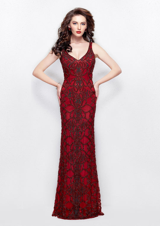 Primavera - 1978 Beaded V-neck Sheath Dress in Red