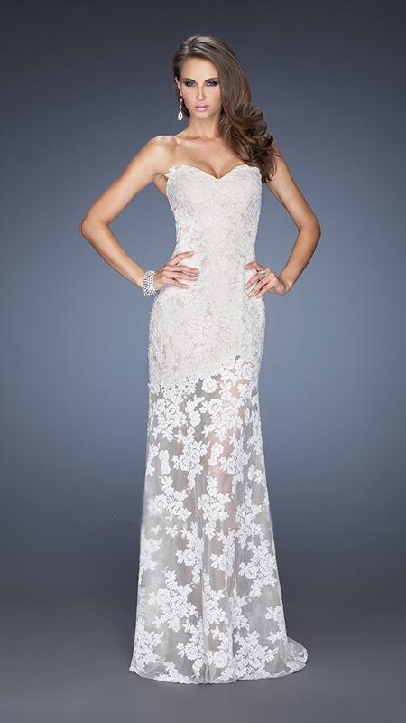 La Femme Strapless Lace Fitted Evening Dress 19873 in White