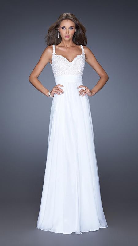La Femme - 19882 Lace Ornate Sleeveless Chiffon Gown in White