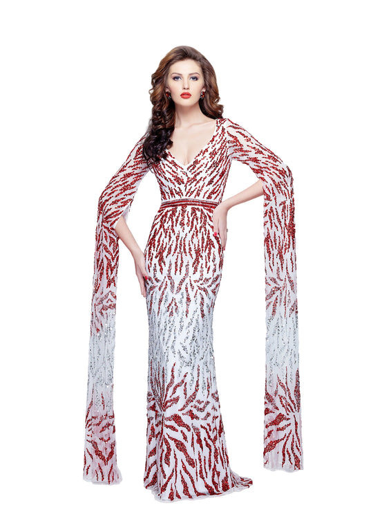Primavera Couture - 1988 Full-Length Poet Sleeves Sheath Gown in Red and Silver