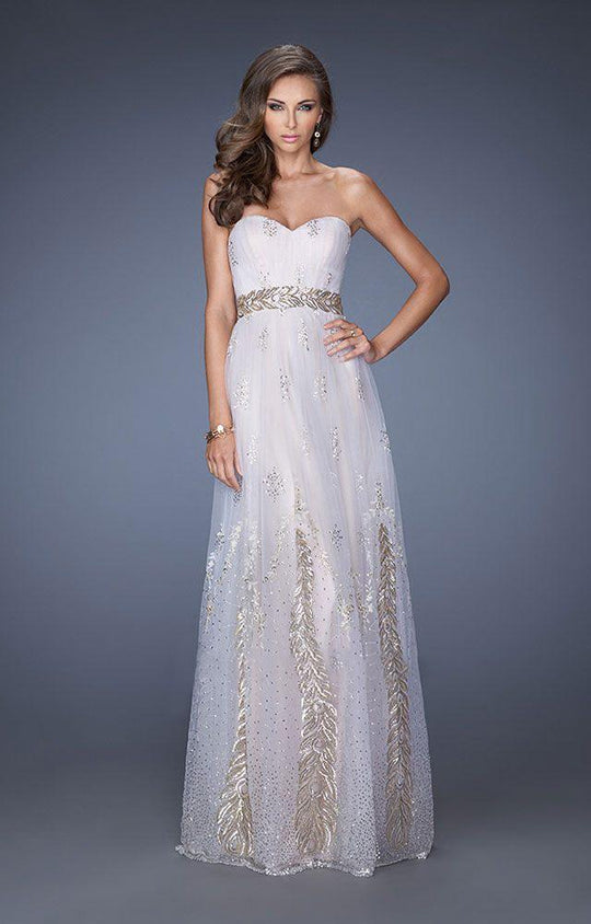 La Femme - 19891 Strapless Gilded Vine Embellished Gown In White and Gold