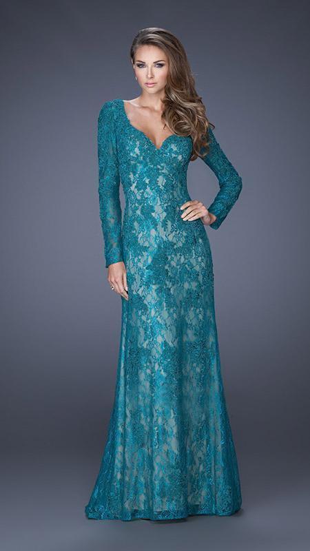 La Femme - 19893 Lace V Neck Long Dress in Green