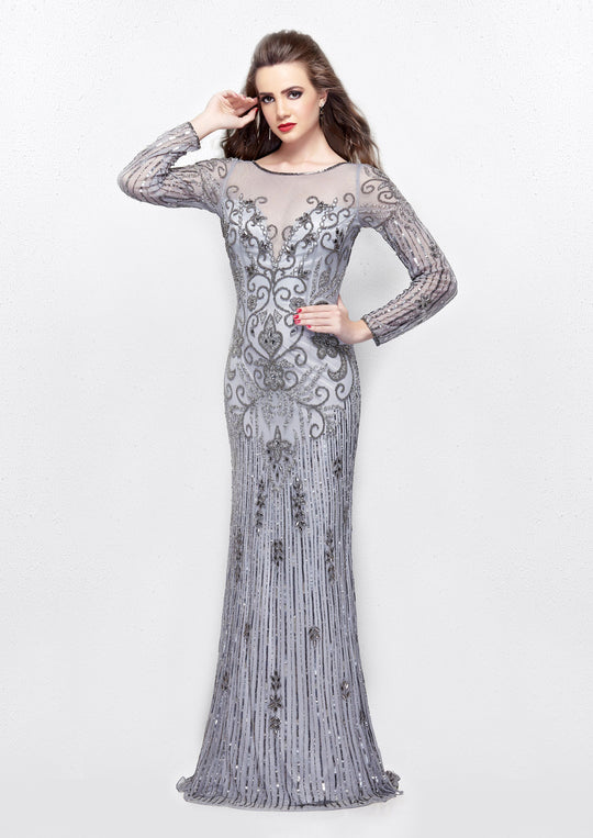 Primavera - 1989 Bedazzled Sheer Jewel Sheath Dress in Silver