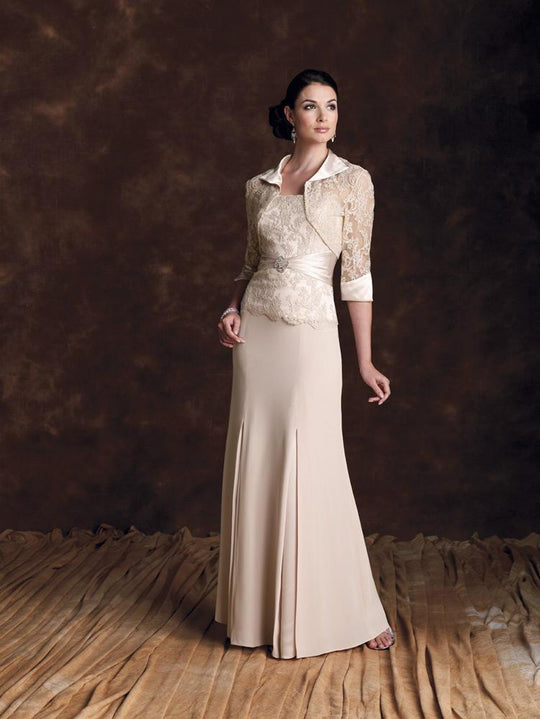 Montage by Mon Cheri - 19901P Scalloped Lace Sheath Gown with Bolero In Brown