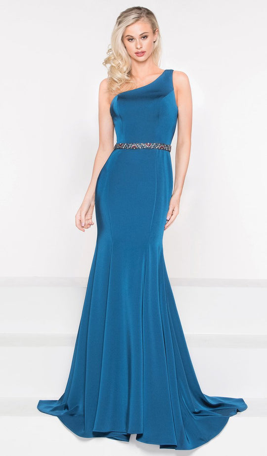 Colors Dress - 1992 Sleek One Shoulder Trumpet Dress in Blue and Green