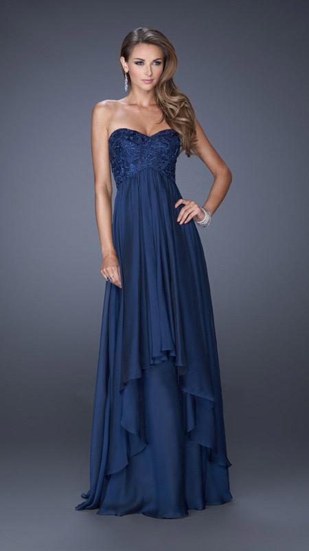 La Femme - Lace Embellished Sweetheart Tiered Chiffon A-line Dress 19925 In Blue