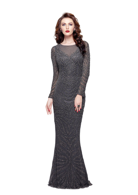 Primavera - 1996 Long Sleeve Sheer Beaded Sheath Gown in Gray
