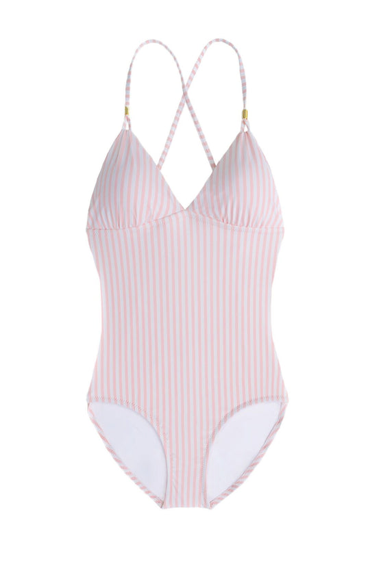 LATTICE BACK ONE-PIECE - PINK AND WHITE STRIPE