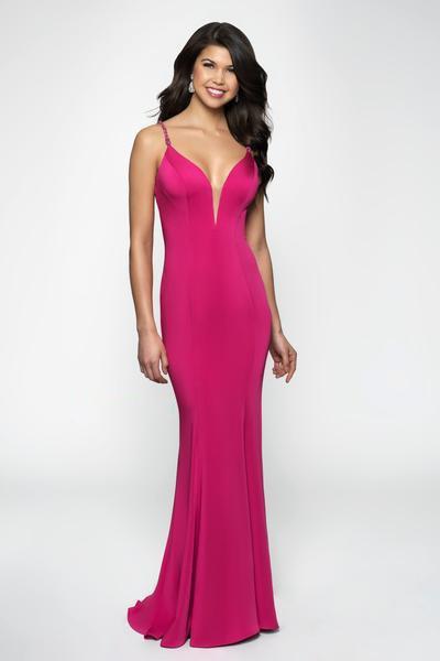 Blush - 11631 Embellished Sleek V-neck Crepe Trumpet Dress