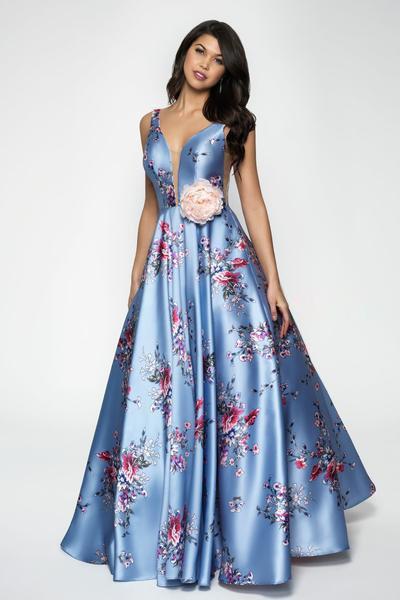 Blush - 11632 Floral Printed Deep V-neck Mikado A-line Dress